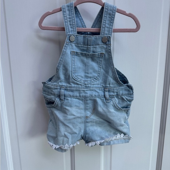 NWOT Children’s Place 9-12M Blue Jean Overalls Girls with Floral Frills - Picture 2 of 6